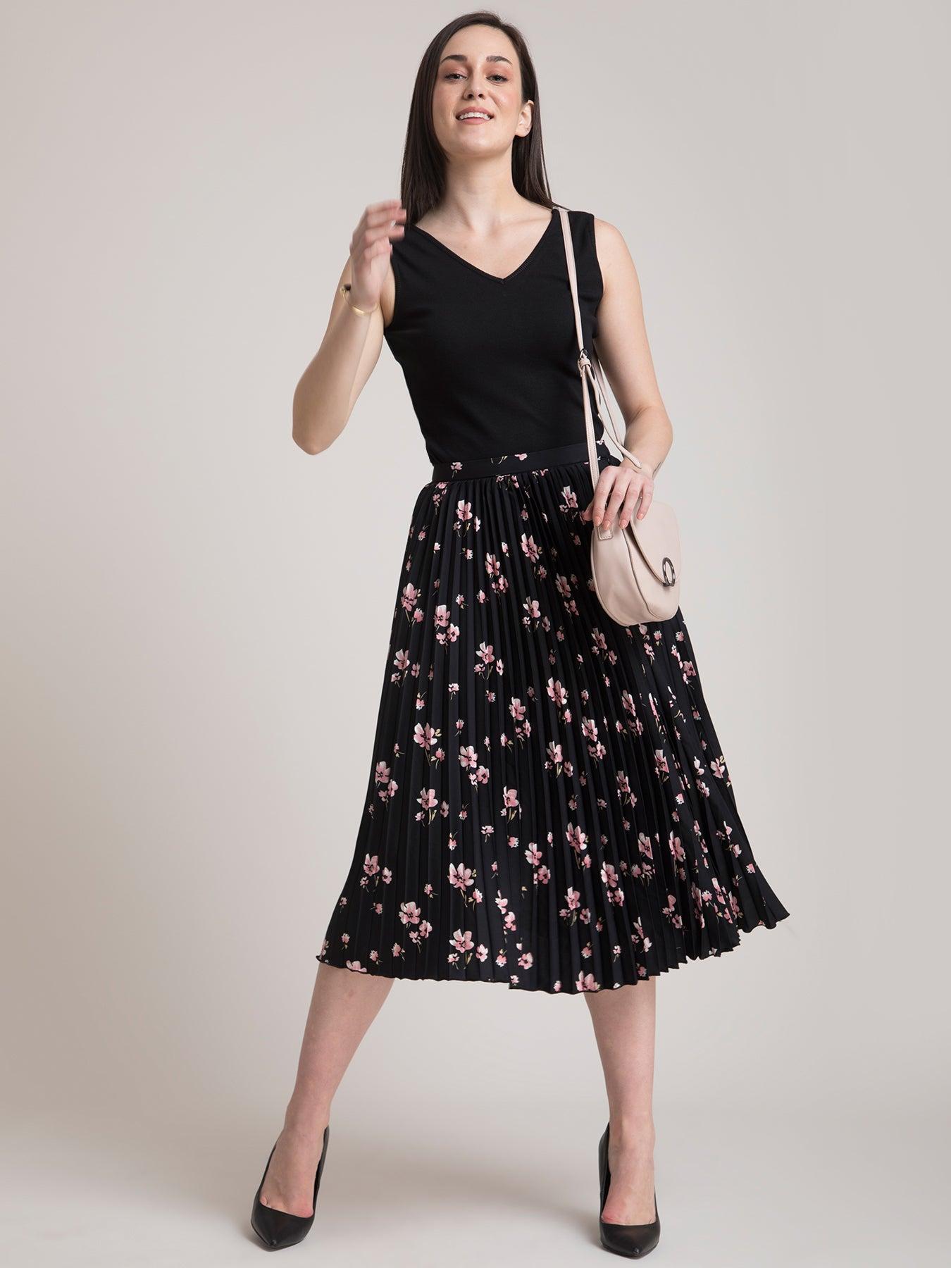 Pleated Flared Floral Midi Skirt - Black| Formal Skirts