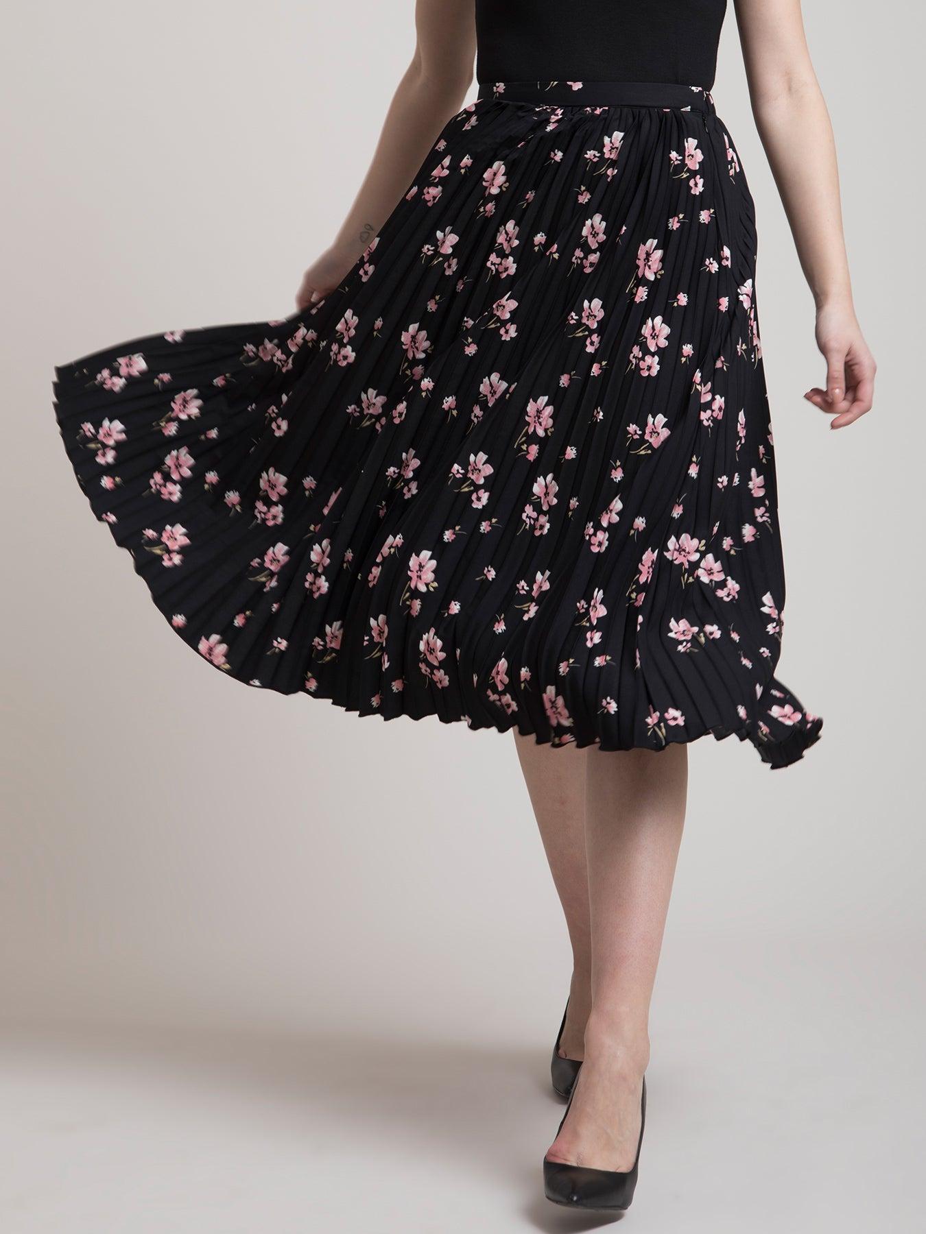 Pleated Flared Floral Midi Skirt - Black| Formal Skirts