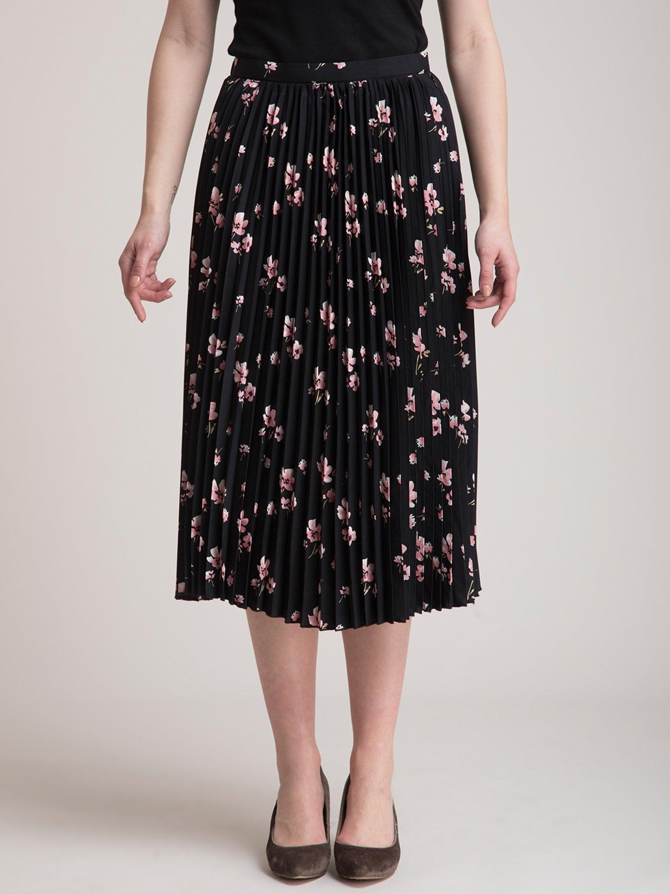 Pleated Flared Floral Midi Skirt - Black| Formal Skirts