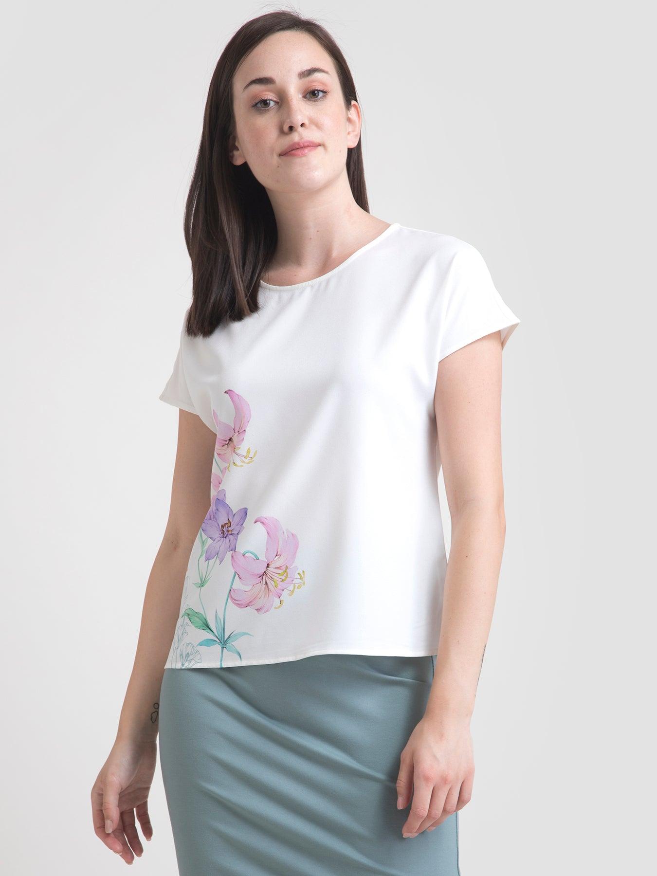 Round Neck Watercolour Floral Top - White| Formal Tops