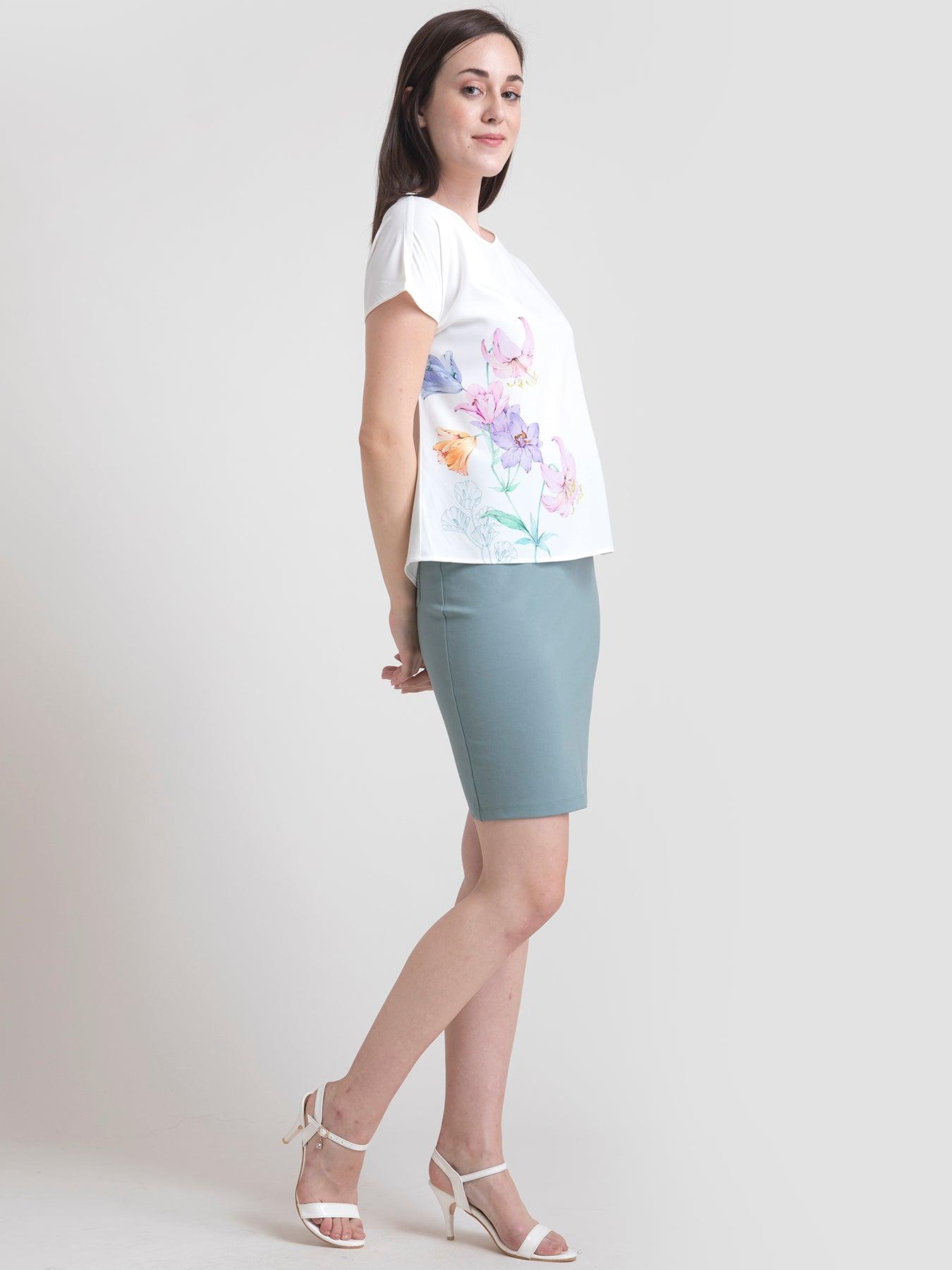 Round Neck Watercolour Floral Top - White| Formal Tops