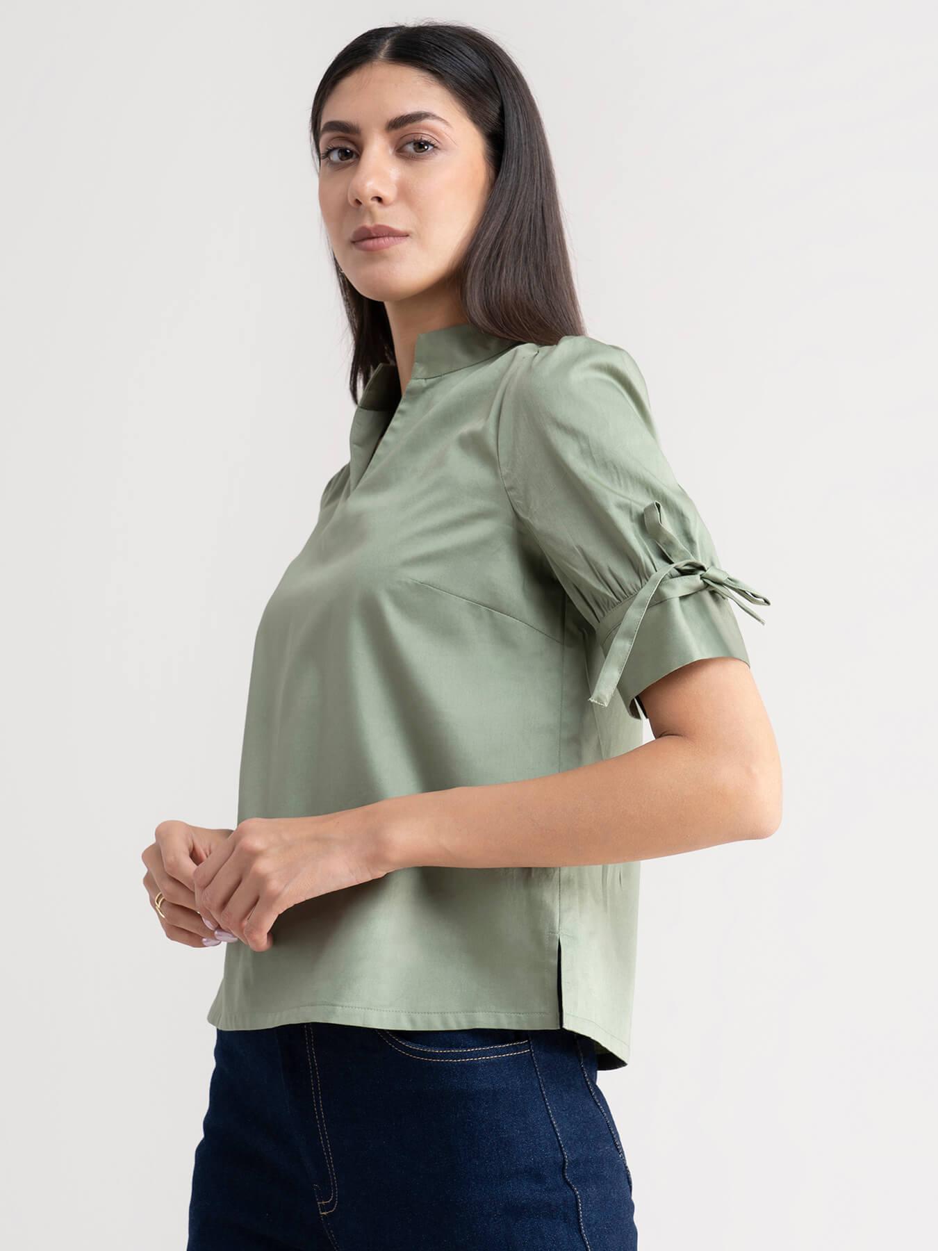 Cotton Tie Up Sleeve Top - Pista Green| Formal Tops