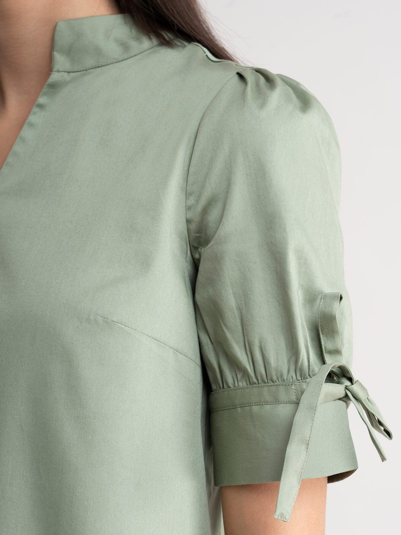 Cotton Tie Up Sleeve Top - Pista Green| Formal Tops