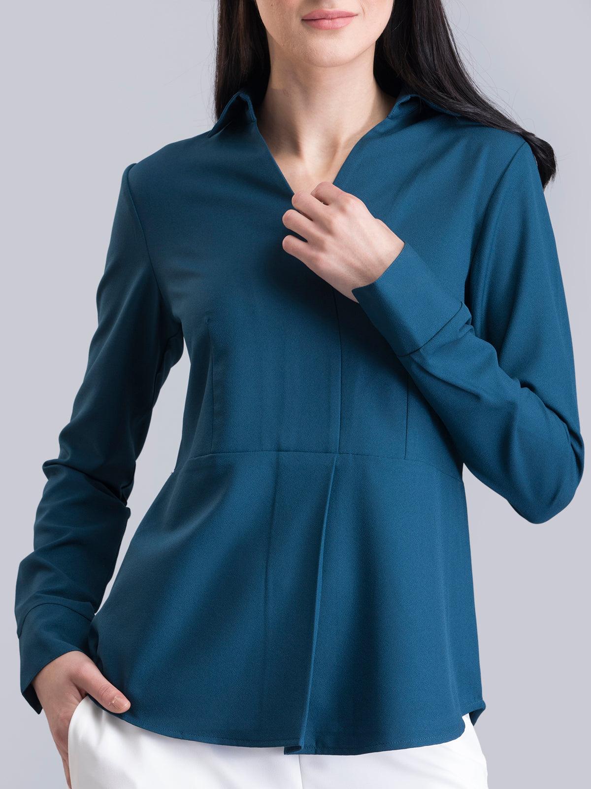 Collared Pleat Detail Top - Teal| Formal Tops