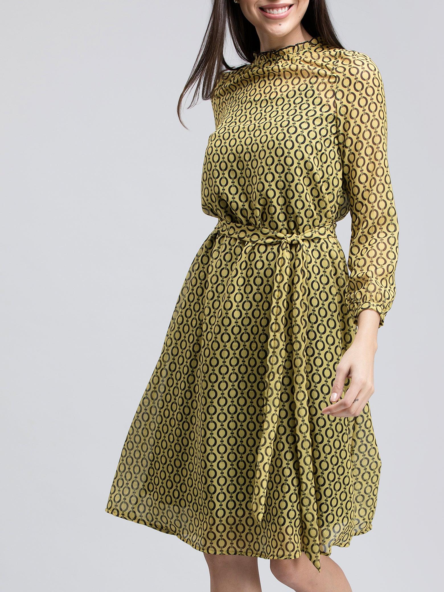 Geometric Print Ruffled A Line Dress - Yellow and Black| Formal Dresses