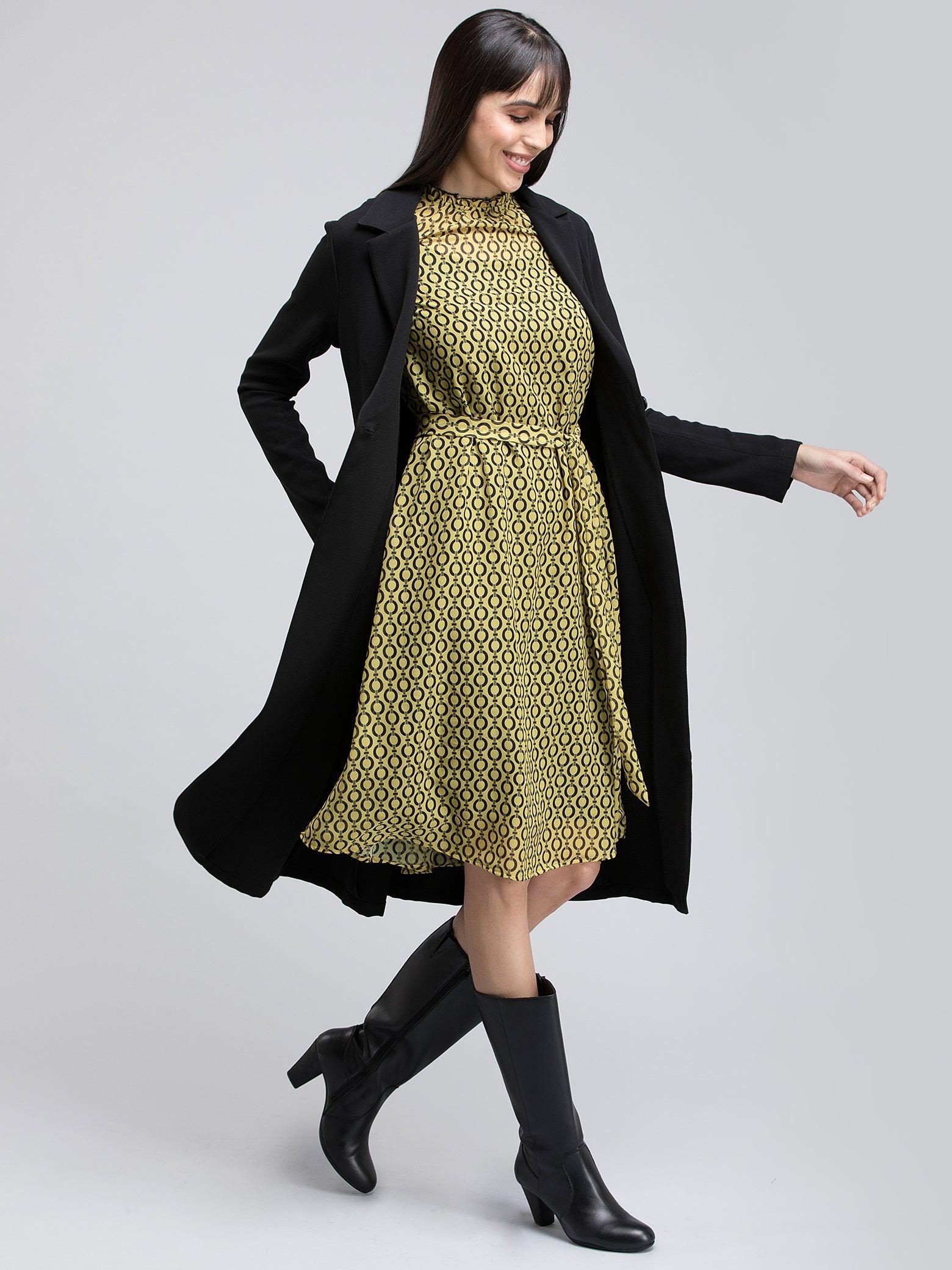 Geometric Print Ruffled A Line Dress - Yellow and Black| Formal Dresses