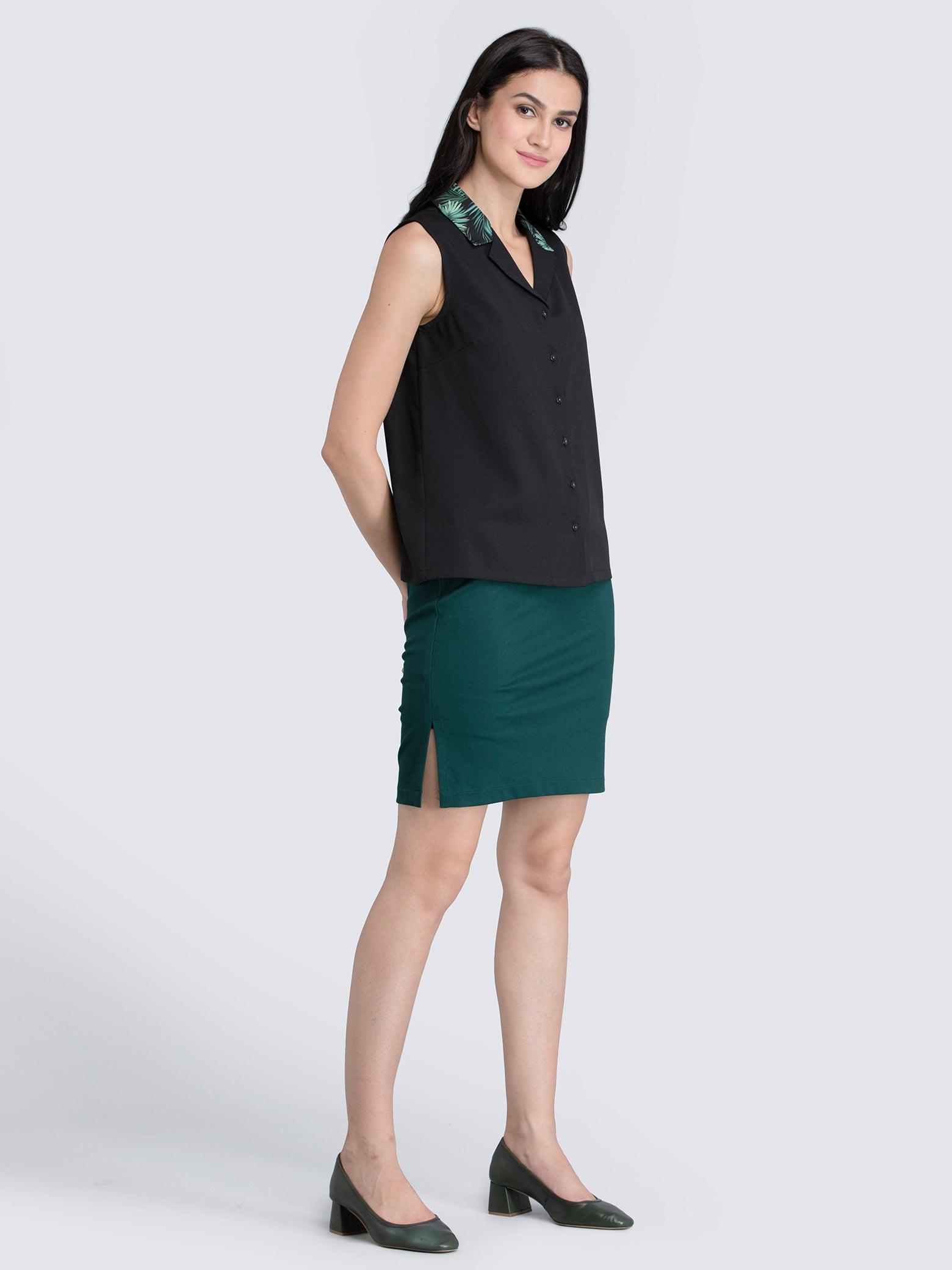 Notch Collar Shirt With Colour Block - Black| Formal Tops